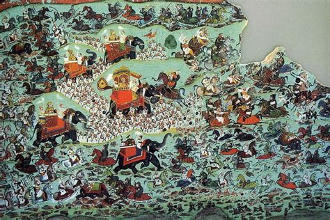 Miniature painting depicting the battle of Haldighati fought in 1576 ...