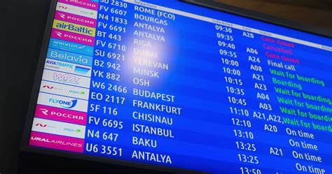 Digital board with information about boarding and flights at the ...