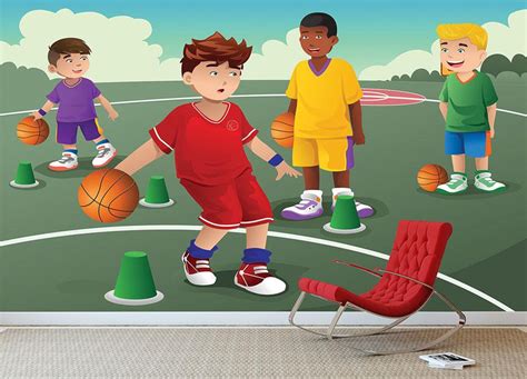 Kids practicing basketball Wall Mural Wallpaper | Canvas Art Rocks