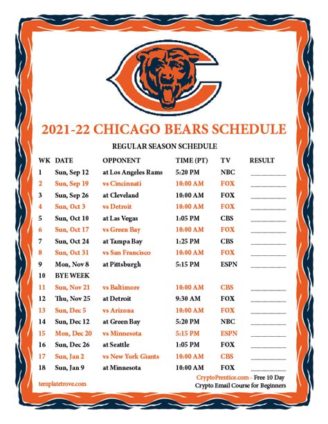 Printable 2021-2022 Chicago Bears Schedule