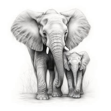 Baby Elephant and Mom Pencil Sketch Drawing 4 Downloadable Images ...