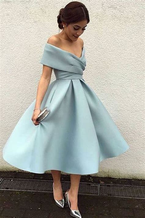 Light blue chiffon off-shoulder A-line knee-length dress, formal dress ...