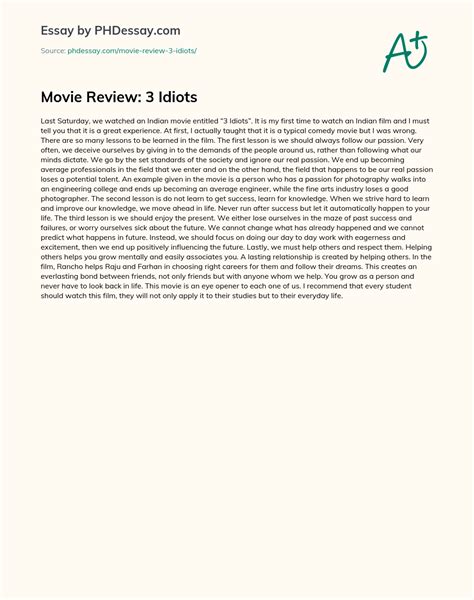 Movie Review: 3 Idiots Essay Paper Example (400 Words) - PHDessay.com