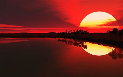 reflection, landscape, sky, sunlight, Red sun, nature, sunset, beach ...