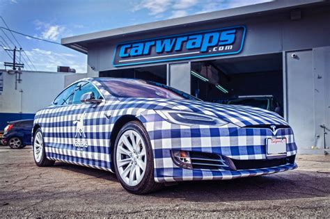 Blue White Plaid Tesla Model S Car Wrap - Carwraps.com