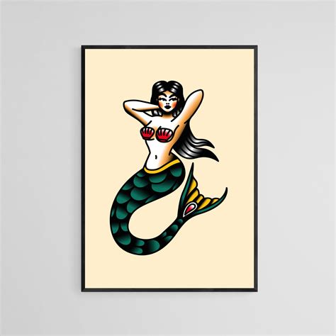 Pin up Mermaid Tattoo Style Wall Art Print Tattoo Flash Wall - Etsy