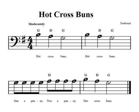 Hot Cross Buns: Beginner Bass Clef Sheet Music with Chords and Lyrics