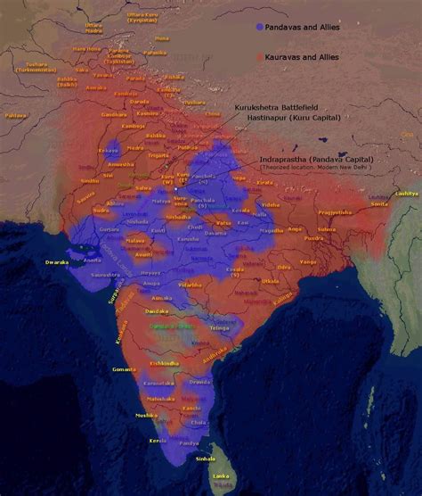 Map of the alliances for the Kurukshetra War in the Mahabharata The ...