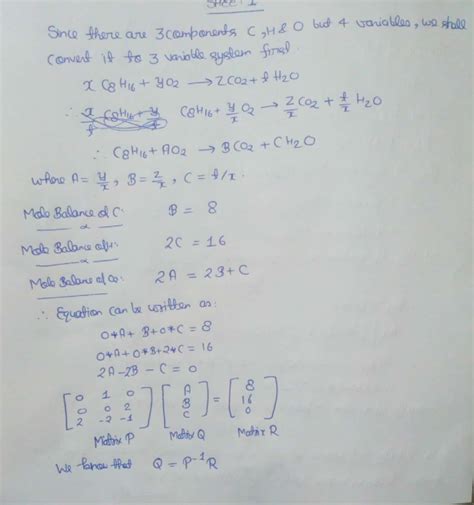 Using Excel matrix operations to balance the following equation xC8H16 ...