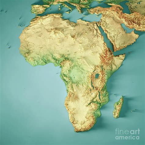 Africa Continent 3D Render Topographic Map Color Digital Art by Frank ...