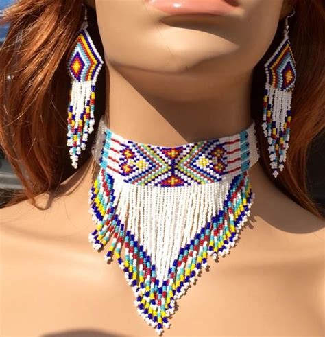 Handmade Beaded Native American Fringe Choker Necklace and Earring Set ...