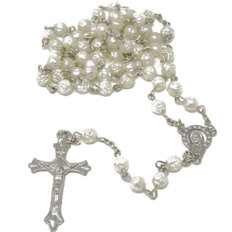 White rose flower rosary beads 52cm Catholic prayer beads Our Lady junction