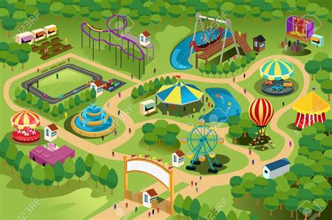 Una ilustración vectorial de un mapa de un parque de diversiones ...