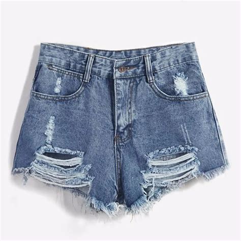 2018 Brand Vintage ripped hole fringe blue denim shorts women Casual ...