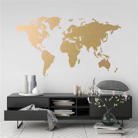 Gold World Map Wall Art Sticker, Modern Room Decor, Removable Vinyl ...