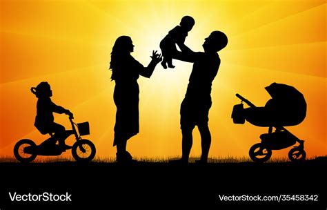 Happy family with children at sunset silhouette Vector Image