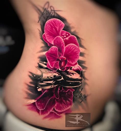 Pink Orchids, Girls Realistic Side Tattoo