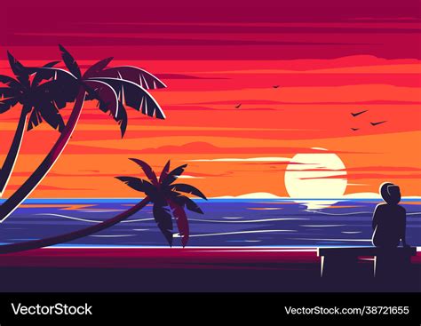 Silhouette a girl on beach with sunset Royalty Free Vector