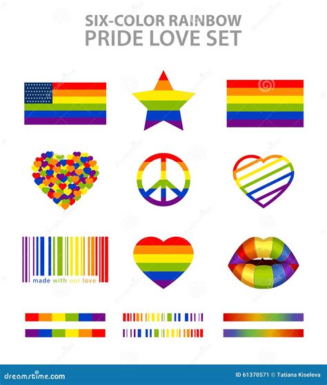 Six-color Rainbow LGBT Symbols: Flags, Hearts, Peace, Star, Lips Stock ...