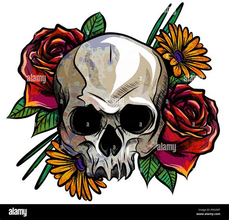 Skull And Flowers Drawing