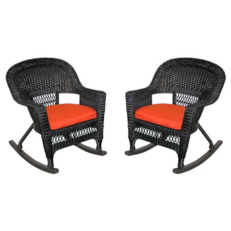 Black Rocker Wicker Chair with Red Cushion - Set of 2