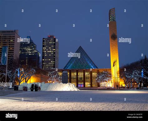 A night view of Edmonton City Hall, Sir Winston Churchill Square, and ...