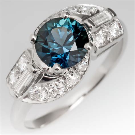 Rich Teal Sapphire Ring w/ Baguette & Round Diamonds 1950's Vintage ...