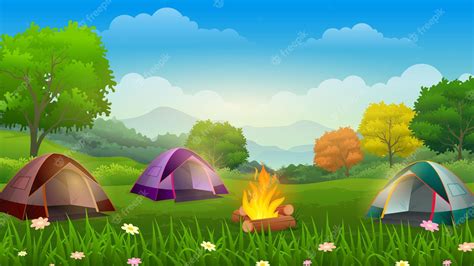 Premium Vector | Summer camp concept sunny day sunrise landscape with ...