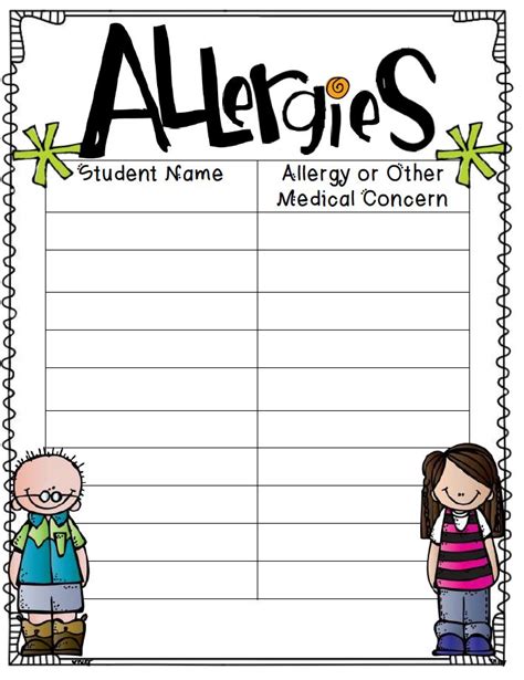 Food Allergy List Template for Daycare