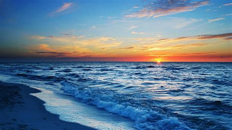 HD wallpaper: Sunset sea beach, waves, blue, orange sky | Wallpaper Flare