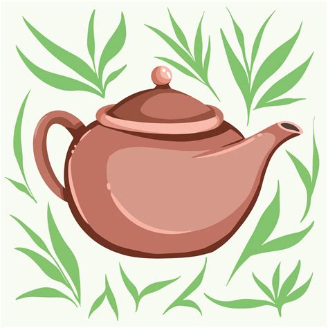 Clay tea pot vector illustration with green leaf decoration and light ...