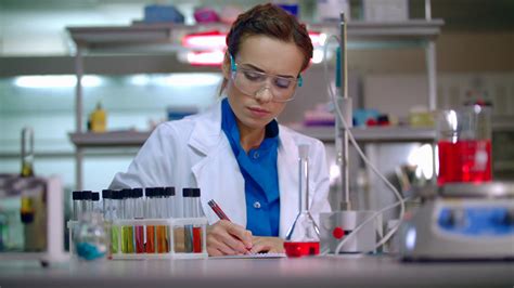 Female scientist working with scientist tablet. Woman scientist using ...