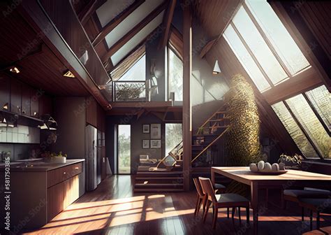 Modern barn house interior with soft sunset light coming from windows ...