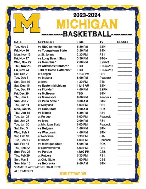 Printable 2023-2024 Michigan Wolverines Basketball Schedule