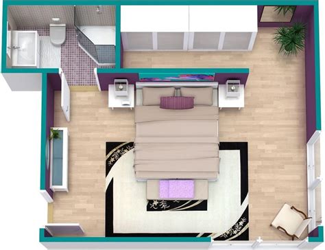 an overhead view of a bedroom and living room