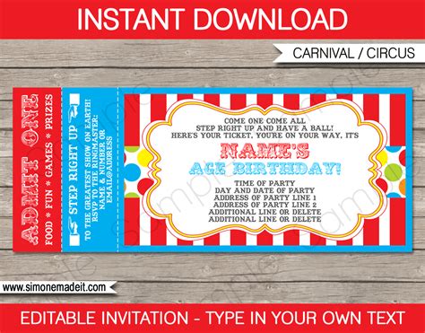 Carnival Ticket Invitation Template | Carnival or Circus Party