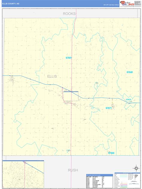 Ellis County, KS Zip Code Wall Map Basic Style by MarketMAPS