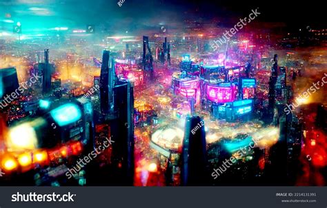 Futuristic Cyberpunk City Full Neon Lights Stock Illustration ...