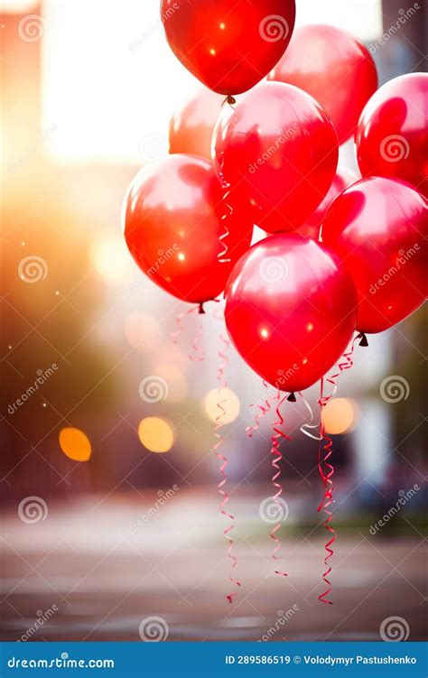 Bunch of Red Balloons with Streamers on Street. Generative AI Stock ...