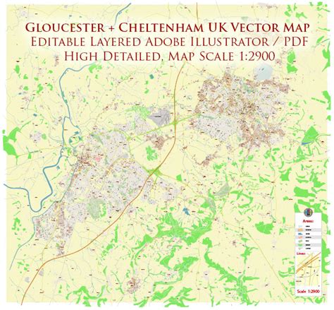 Gloucester + Cheltenham UK Map Vector City Plan High Detailed Street ...