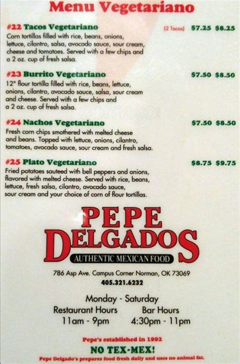 Menu at Pepe Delgados restaurant, Norman