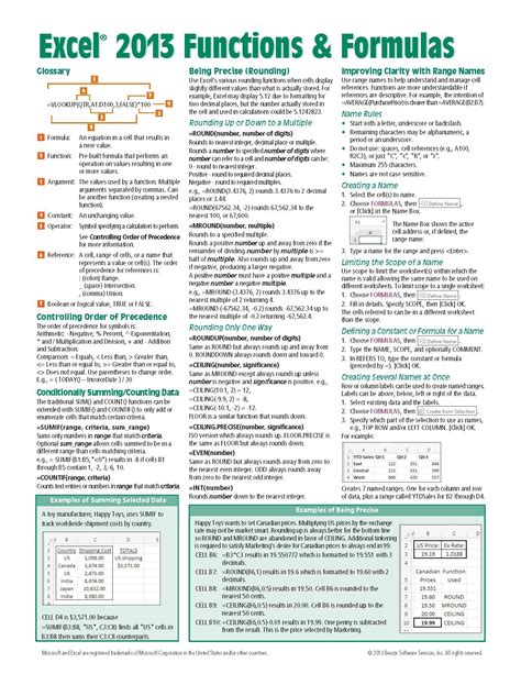 Excel Formulas Cheat Sheet Printable