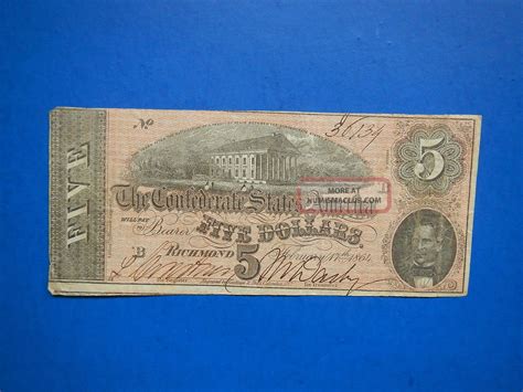 Civil War Confederate 1864 5 Dollar Bill Richmond Paper Money Five