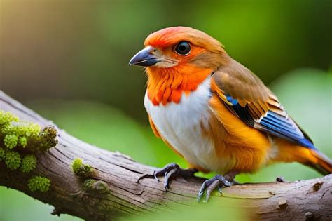 Premium Photo | A bird with orange and red feathers sits on a branch.