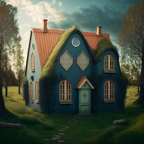 Premium AI Image | A blue house with a green roof and a blue roof.