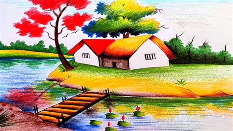 How to draw a Natural Scenery of a Village House Near Canal | Easy ...