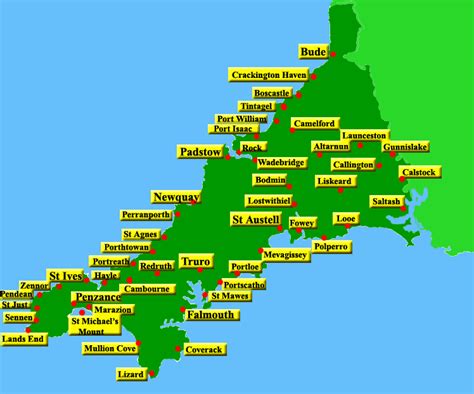 Map of Cornwall with Towns