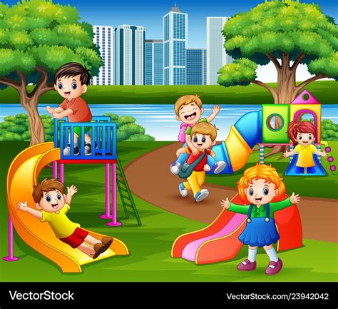 Happy children playing in school playground Vector Image