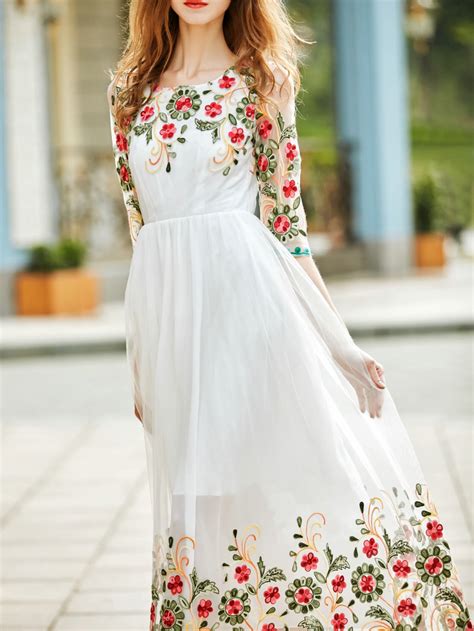 White Gauze Flowers Embroidered Dress -SheIn(Sheinside)