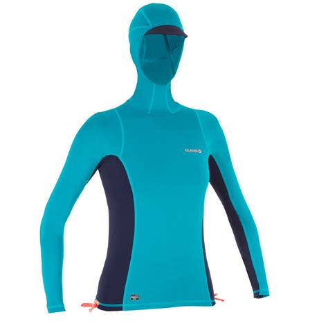 500 women's UV-protection surfing T-shirt top with hood - Blue green ...